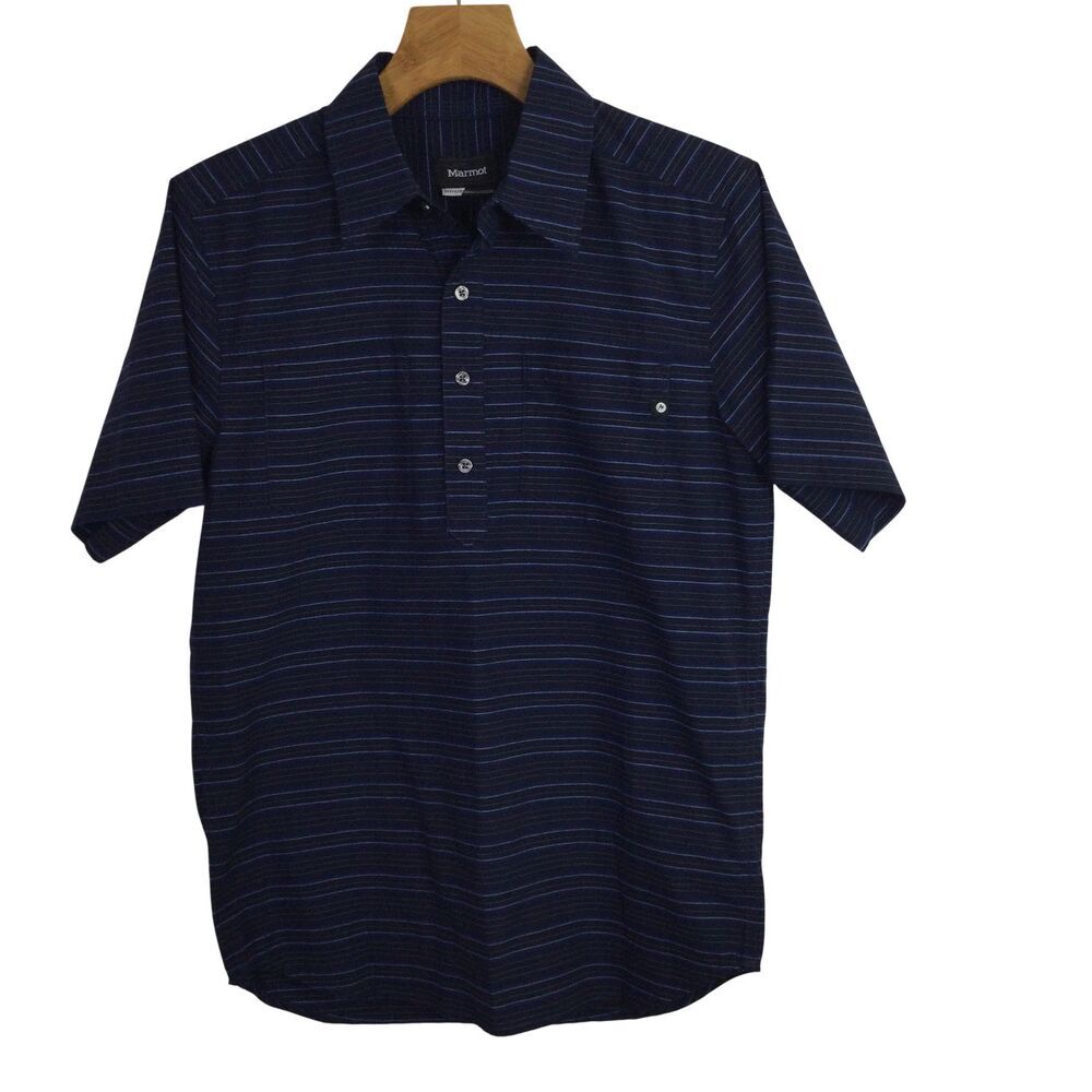 Marmot Mens Euclid Striped Short Sleeve Polo Shirt Arctic Navy Blue Small NWT